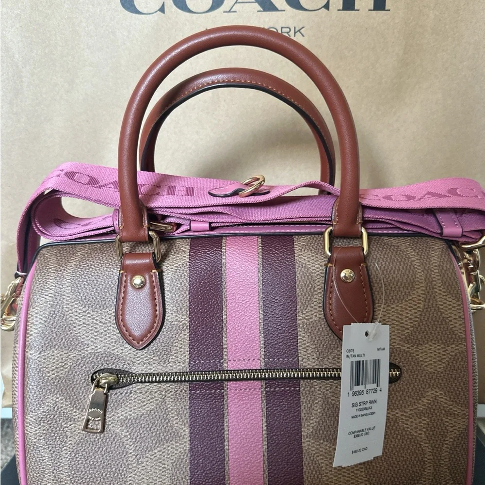 NEW! Coach Rowan Satchel Bag In Signature Canvas With Stripe - Picture 4 of 6